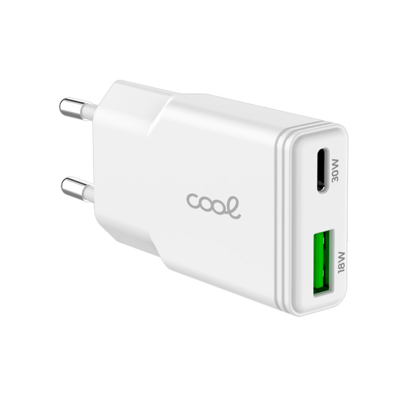 Cargador Red Universal Fast Charger (PD) Tipo-C / USB Dual COOL Plano (30W) Blanco
